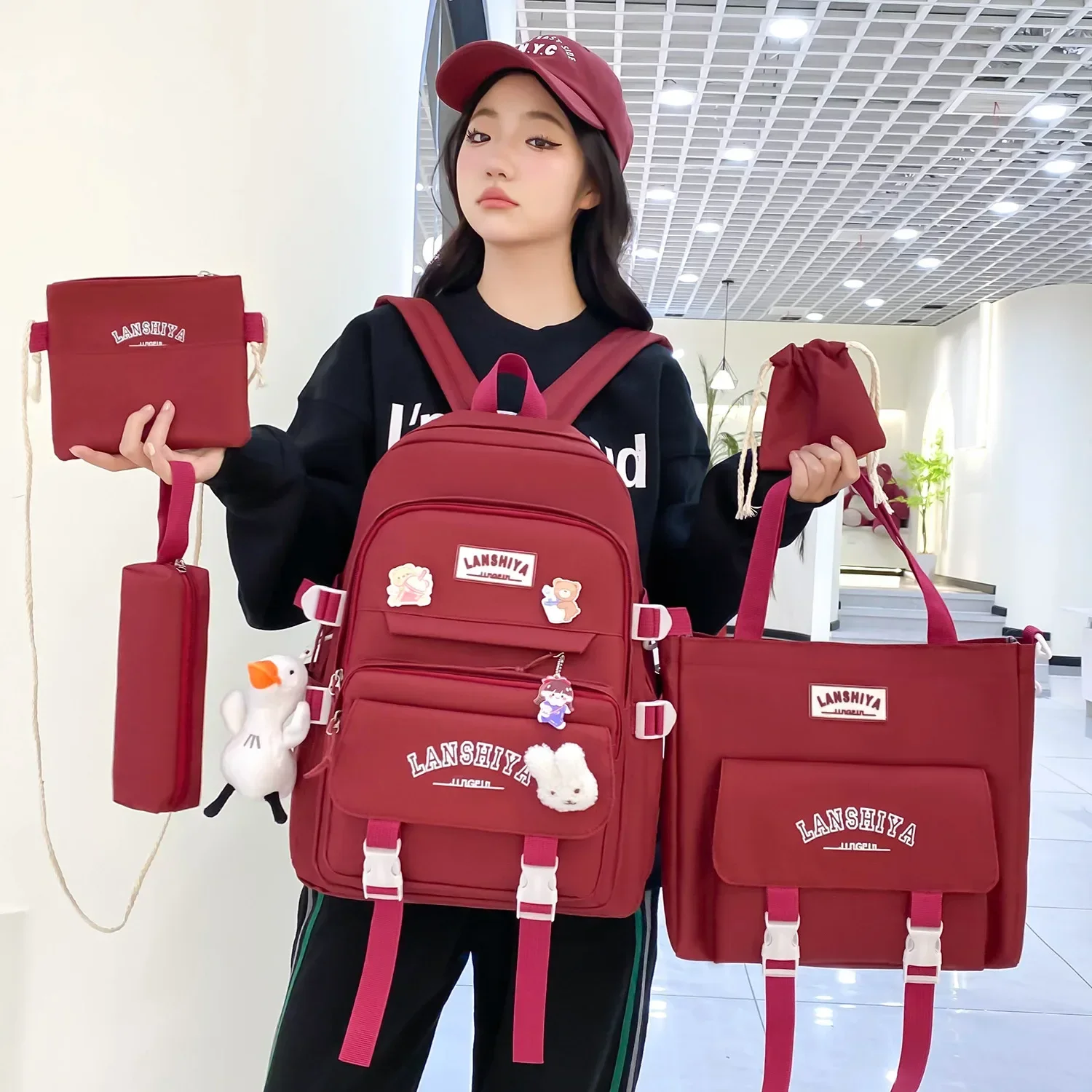 5 pçs/set novo estilo floresta versão coreana harajuku mochila estudante para meninas do ensino médio grande capacidade elegante e casual