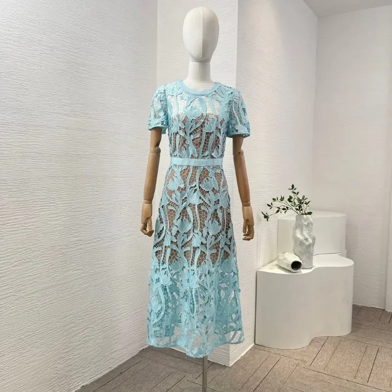 Pink and Blue Grid Cutout Lace Patchwork Hollow Out See Through Midi Dress Chic and Elegant for Woman 2024 Summer New Dresses