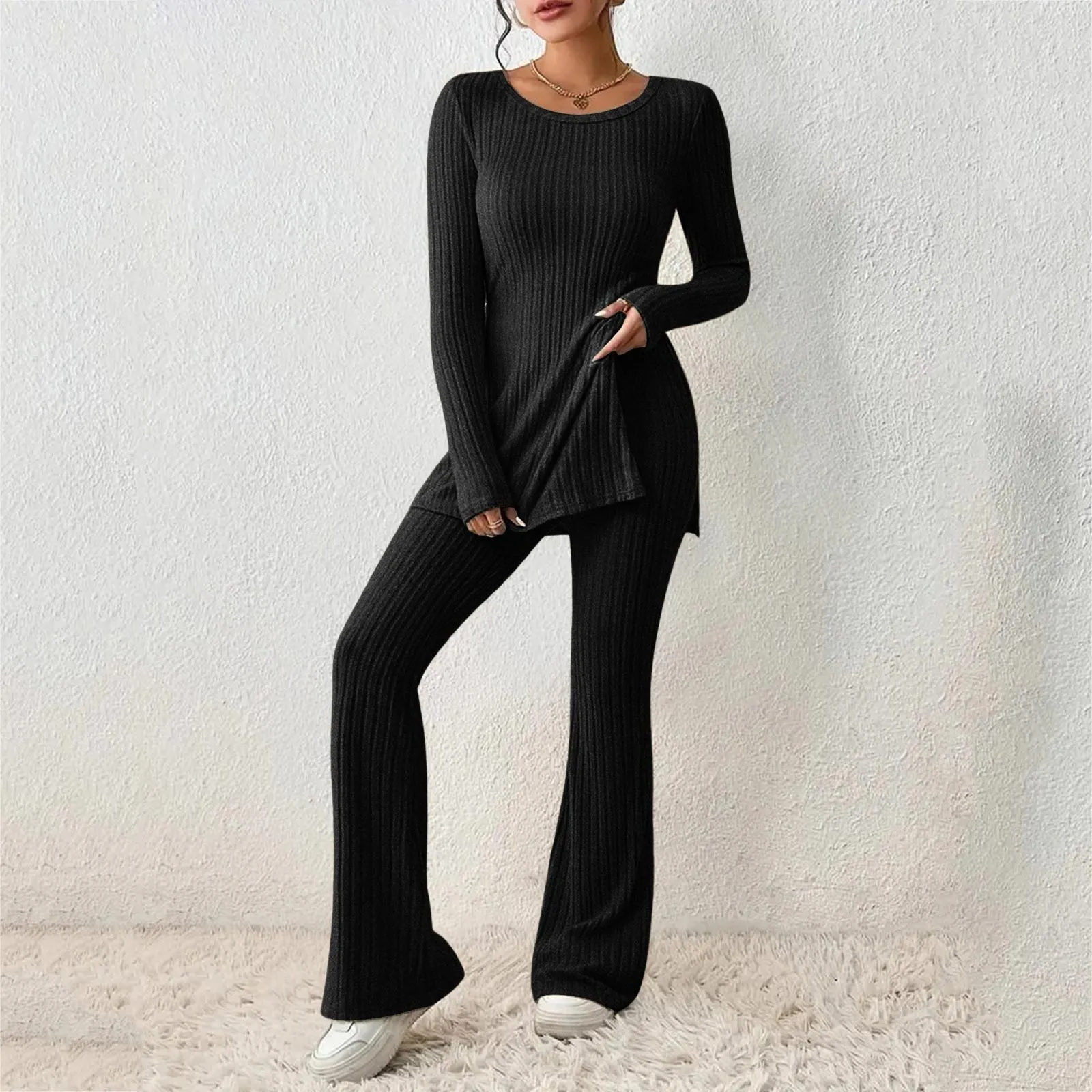 2024 Fall Winter Knitted 2 Piece Suits Women Long Sleeve Ribbed Slit Long Top And High Waist Pencil Pants Set Fashion Outfit