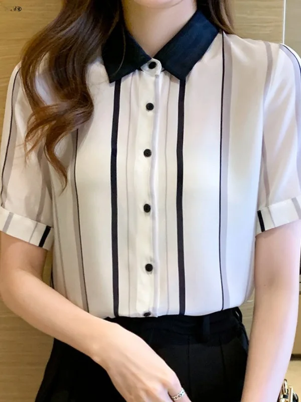

Женская рубашка Slim Fit с коротким рукавом, в полоску, с цветными вставками, в корейском стиле, для повседневной носки, модная летняя новинка, топ