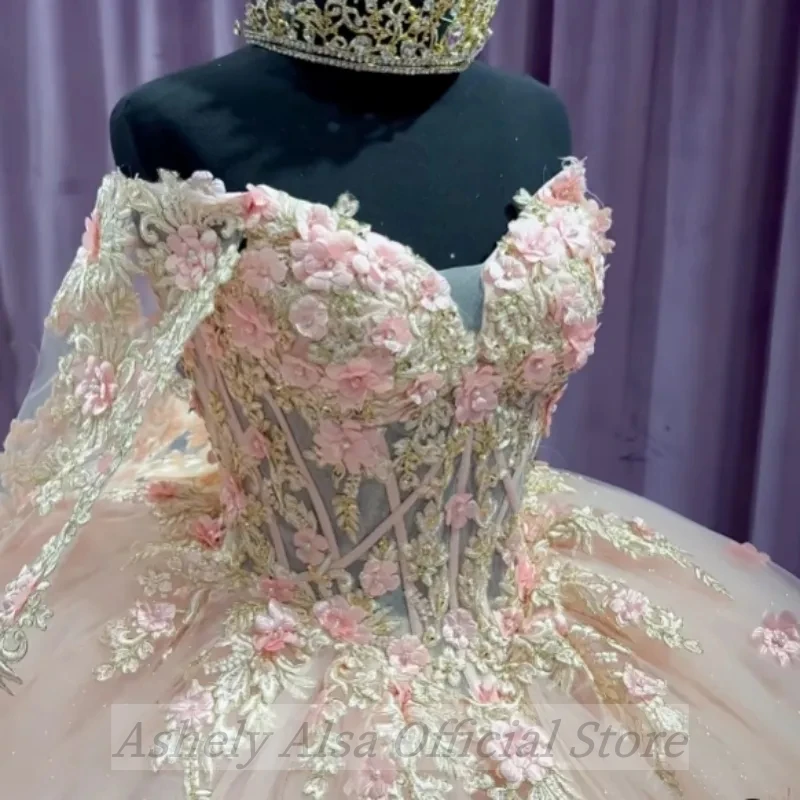 فستان Quinceanera وردي للفتيات ، مطرز بالزهور ثلاثية الأبعاد ، فستان حفلة موسيقية برأس ، فساتين حفلة عيد ميلاد ، ثوب حفلة مكسيكي عربي ، 16