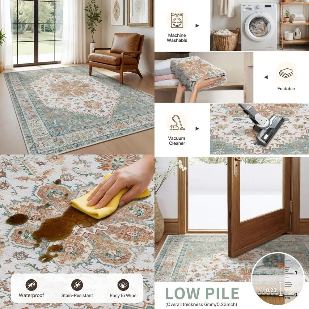 

Vintage-Style Foldable Area Rugs for Living Spaces: Modern, Machine Washable, Non-Slip, Low Pile, Soft Indoor Carpets