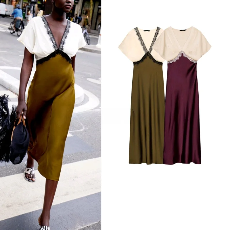 Casual sle midi dr renda seda cetim textura emendada outono feminino faion dr cintura alta poliéster ort sve v-ne