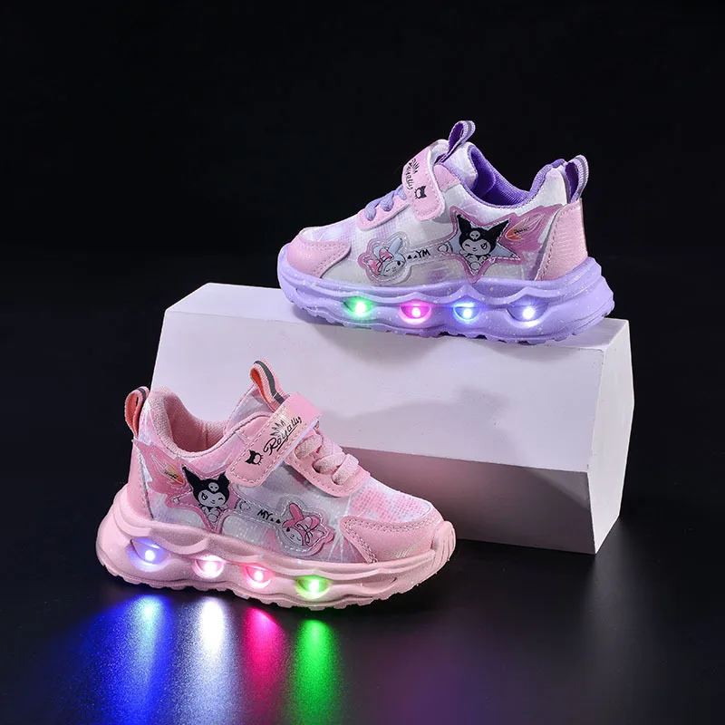 

2026 New Autumn Winter Kuromi Light Up Girls Shoes Leather Waterproof Breathable Kids Soft Sole Athletic Running Sneakers