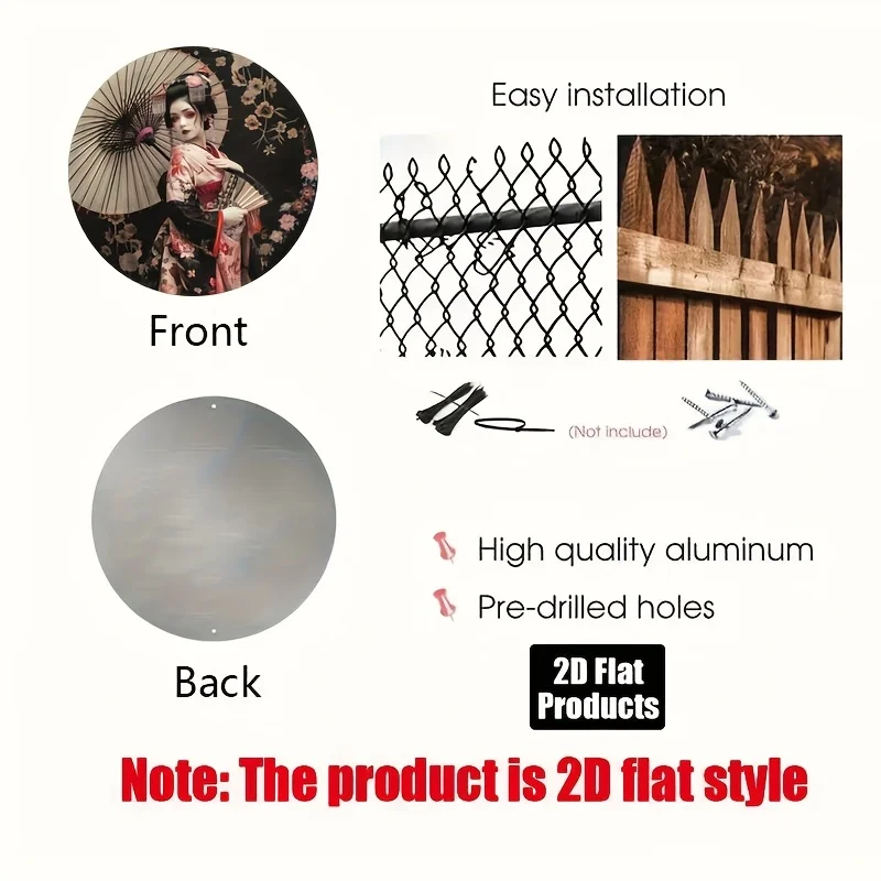 مسطح ثنائي الأبعاد - قطعة واحدة من الكيمونو الياباني العتيق للنساء من الألومنيوم - لافتة معدنية مستديرة مقاس 8 × 8 بوصة مع مظلة سوداء وزهور وردية، Tr