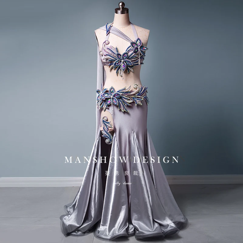 

customized bellydance costume women's set sexy oriental dance silver gray long skirt heavy industry performance costume high-end
