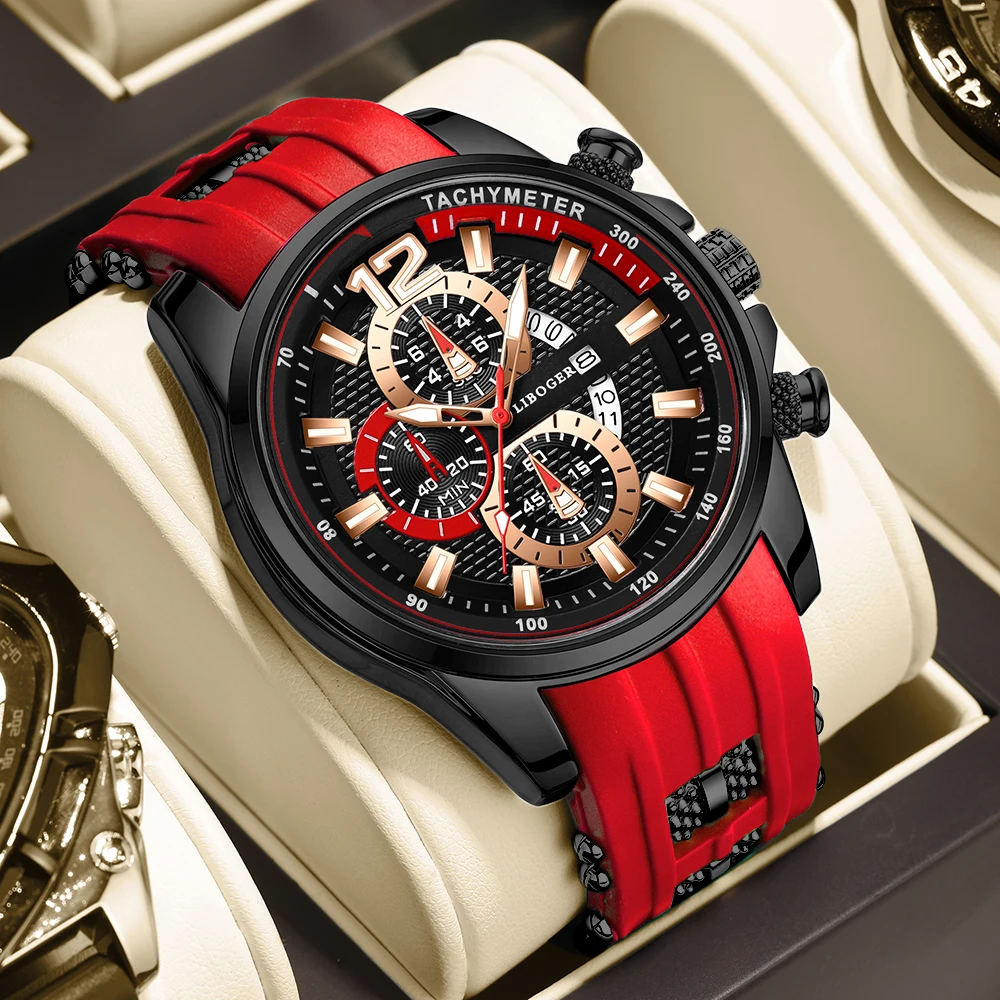 Popular Sports and Leisure Men's Watch with Calendar, Fashionable Red Silicone Strap Watch, Perfect Gift for Holidays (No Box)
