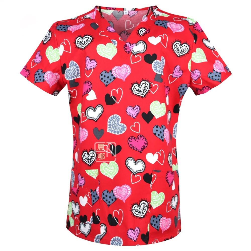 Clinical Uniform Woman Elegant Heart Print Health Care Scrub Uniform Trends V-Neck Short Sleeve Dental Nursing Uniform for Women