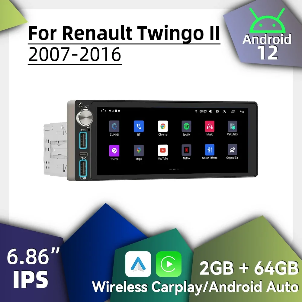 Carplay 1Din радио Android автомобильный мультимедиа для Renault Twingo II 2007-2016 6,86 "экран стерео головное устройство авторадио GPS навигация