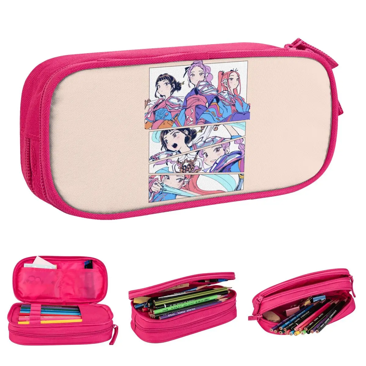 빈티지 연필 케이스 KPop 악마 사냥꾼 연필 주머니 학교 연필 케이스 소년 소녀 더블 레이어 그래픽 학교 용품