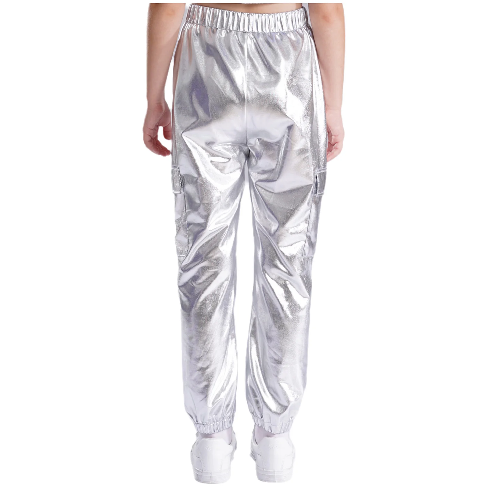Children Metallic Shiny Hip-Hop Jazz Dance Pants Elastic Waistband Trousers with Pockets Stage Performance Dancewear Streetwear