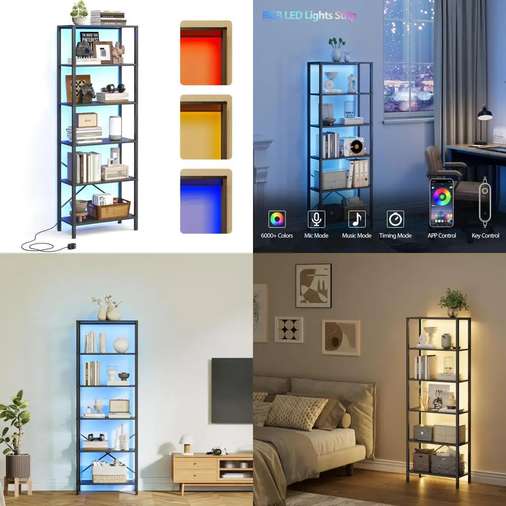 

LED-Illuminated Steel Frame 6-Tier Tall Bookshelf, 11.2x23.6x65.4, Display Storage Shelf for Living Room