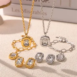 Glass Stone Pendant Stainless Steel Necklace Bracelet Earrings For Women Gold Silver Color Women's Necklaces Earring Jewelry Set