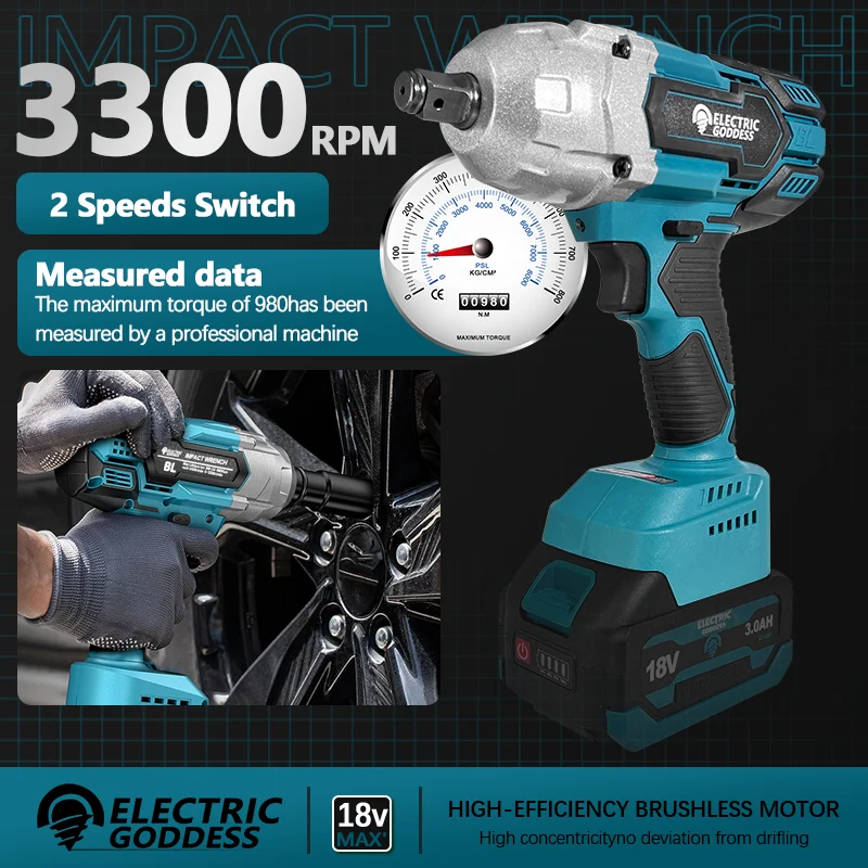 

Electric Goddess 980N. M Brushless Electric Impact Wrench Cordless Torque Wrench 2 Gears Repair Power Tool For Makita 18V Batter