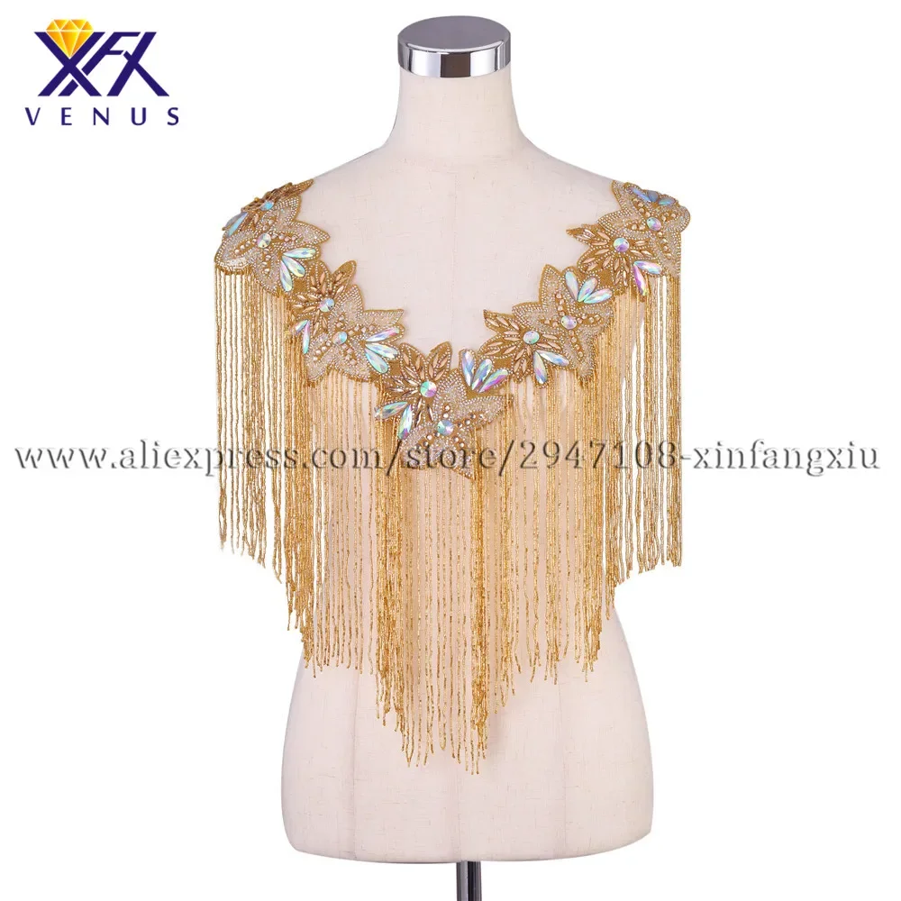 XFX VENUS Hot Sale New Wedding Embroidered Crystal Beaded Tassels Collar Appliques Multicolor Deep-V Neck Flower for Accessories