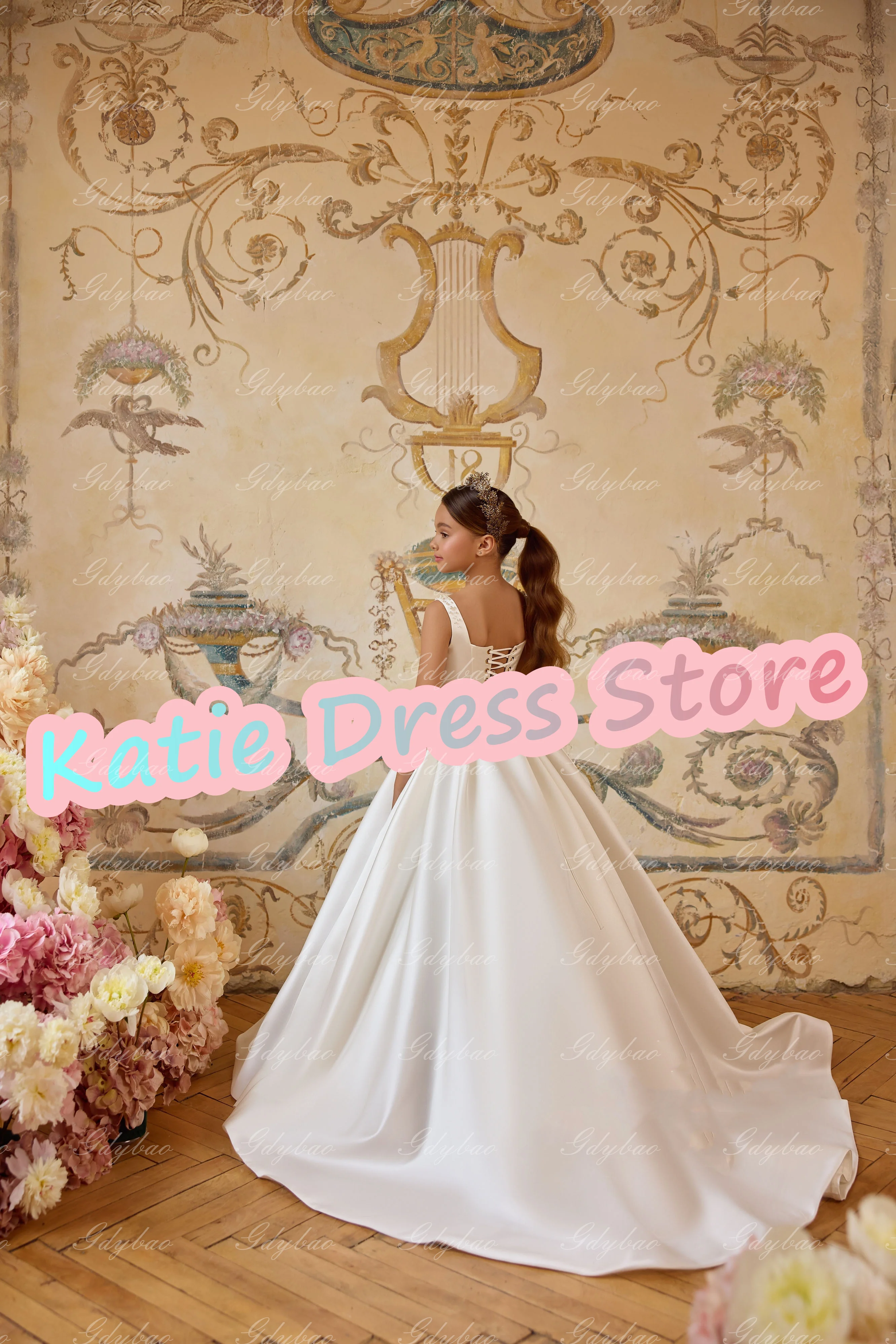 

White Satin Flower Girl Dress For Wedding Pearls Sleeveless Princess Kids Birthday Party First Communion Ball Gowns Customized