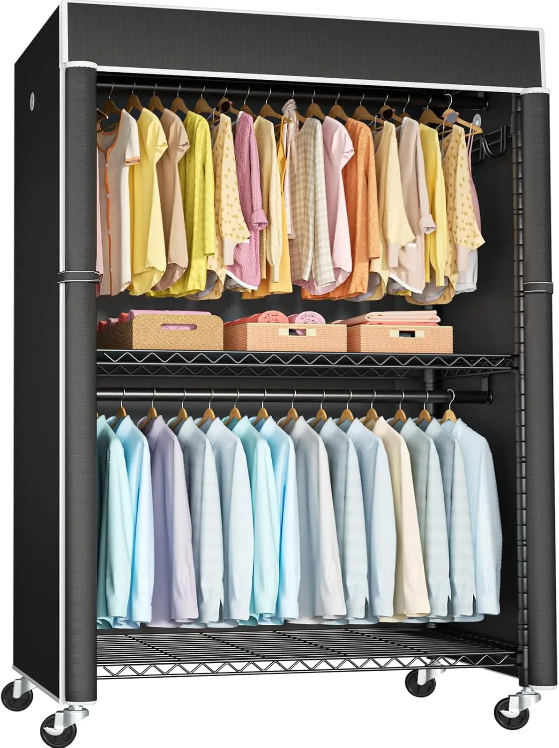 

Черный передвижной шкаф на колесиках, металлическая вешалка для одежды, 46 дюймов (Ш) x 18,5 дюймов (Г) x 80,7 дюймов (В), нагрузка до 524 фунтов.
