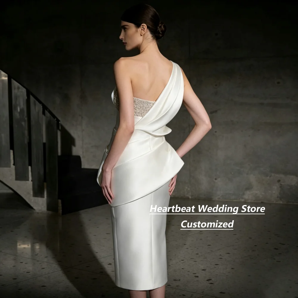 Customized One Shoulder White Heavy Satin Midi Weeding Gown 3D Origami Beaded Bodice Pearl Buttons Formal Cocktail Party Dress