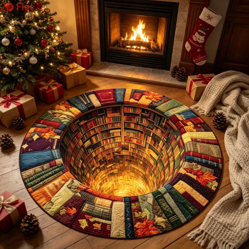 Book Vortex Christmas Round Rug Vintage Book Cover Maple Leaf Pattern Soft Floor Mat Holiday Home Accessory for Xmas Celebration