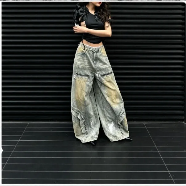 Loose Fit High Waist Belt Women Jeans with Graffiti Zipper Pockets Washed Finish Streetwear Full Length Faded Distressed Autumn