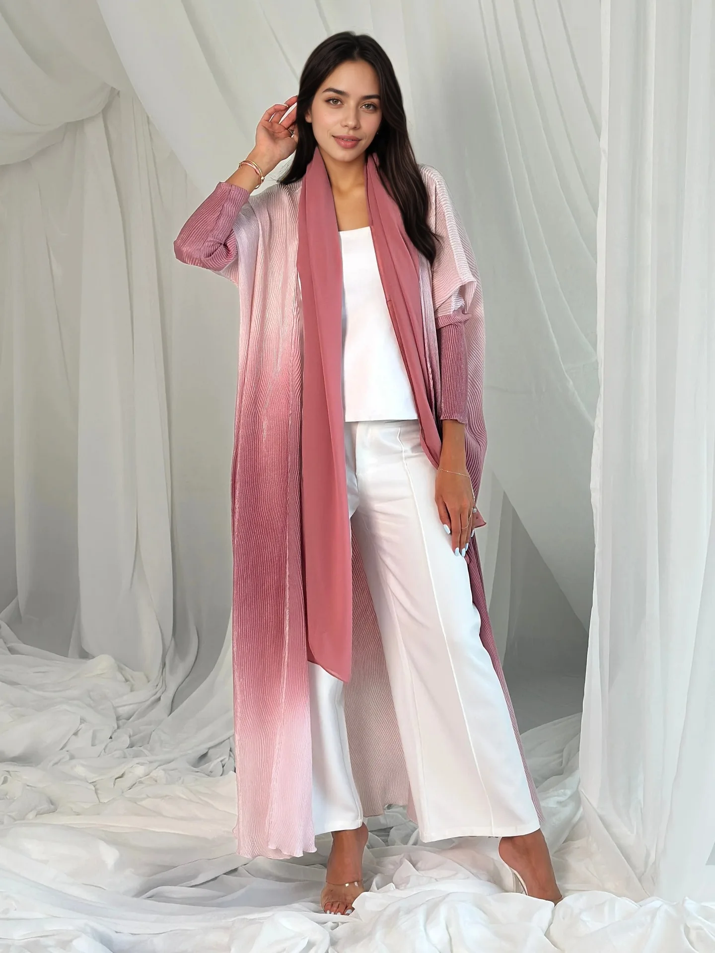 

Wholesale Islamic Clothing 2025 Dubai Muslim Abaya Kimono Gradient Color Elegant Pleated Loose Fit Open Abaya Dress