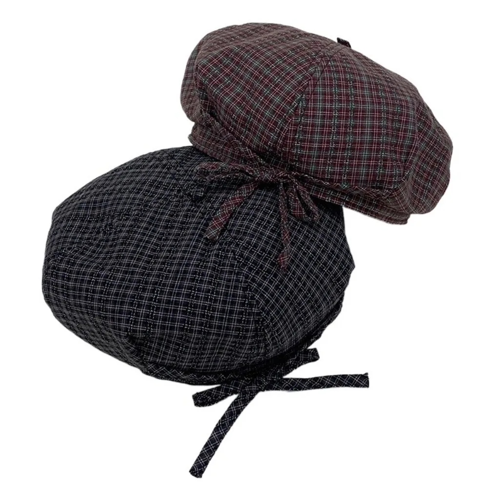 

Artistic Bow Plaid Beret Hat Keep Warm Korean Style Women Painter Hat Lattice Cloud Hat Women Octagonal Cap Winter