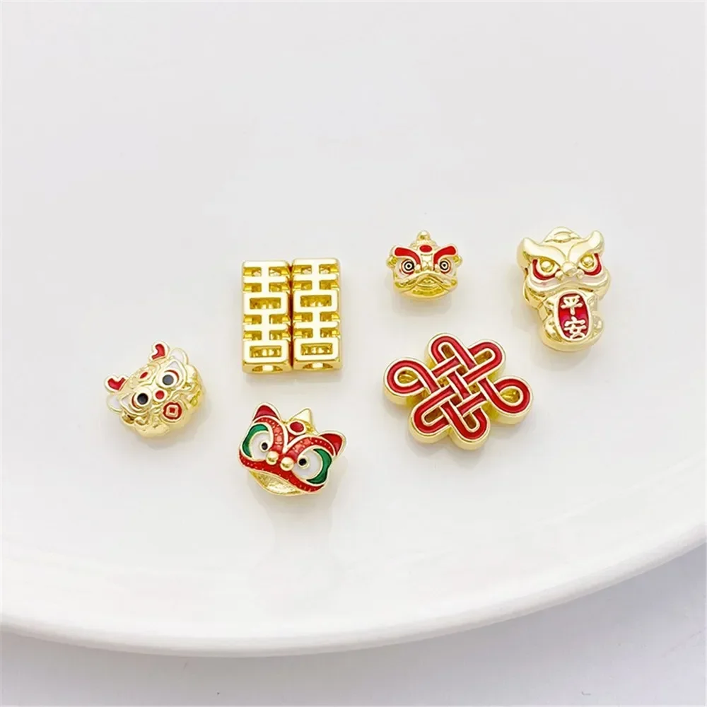 New Year's 14K Gold-wrapped Auspicious Lion Dance Chinese Knot Bead DIY Bracelet Necklace Jewelry Material Accessories