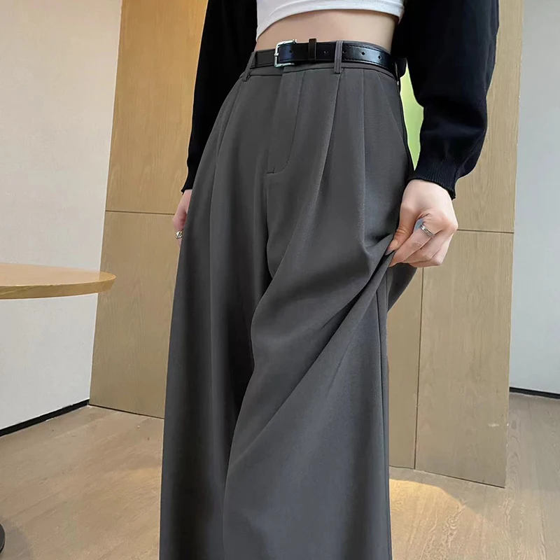 High Waist Suit Wide Leg Women\'s Full Pants with Belted 2024 New Spring Summer Female Elegant Minimalism Straight Loose Trousers