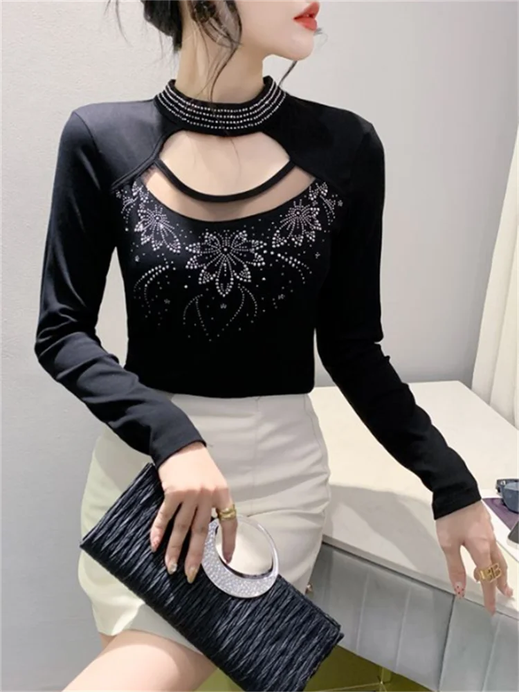 Half High Neck Female Tshirts Hollowed Out Women T-shirts Diamonds Woman Tshirt Blous Long Sleeved Bottom Tops Ladies Tees Tops