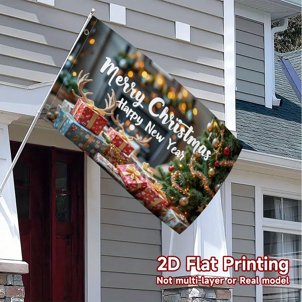 Merry Christmas Flag,2D FLAT PRINTING Christmas tree gifts Pattern Square Flag Polyester Fabric,No Electricity