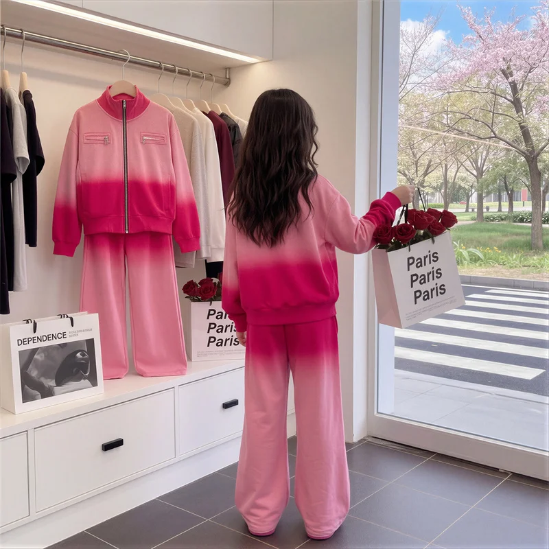 Teen Girls Clothing Sets Fashion Dip Dyeing Jackets+Sweatpants Sports Outfits High Quality Child Gradient Tracksuits Spring Fall