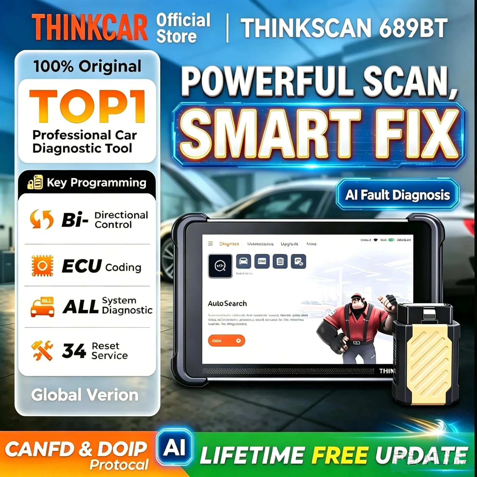 THINKCAR THINKSCAN 689BT TPMS IMMO Key Programming Auto Diagnostic Tool CANFD DOIP ECU Coding 34 Resets Life Free Obd2 Scanner
