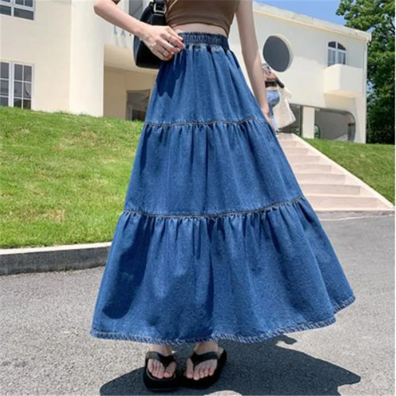 

Women Clothing Elastic High Waist Fashionable Denim Skirt Summer Korean Ladies Splicing A-Line Ruffle Pleated Denim Skirt A1190