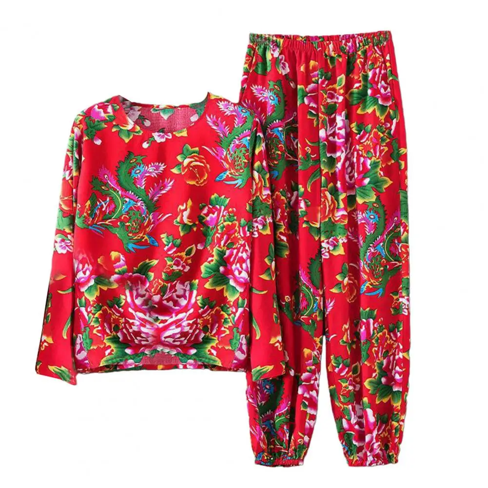 Wide-leg Trousers Set Chinese Ethnic Flower Print T-shirt Pants Set with Round Neck Long Sleeve for Women Northeast Style