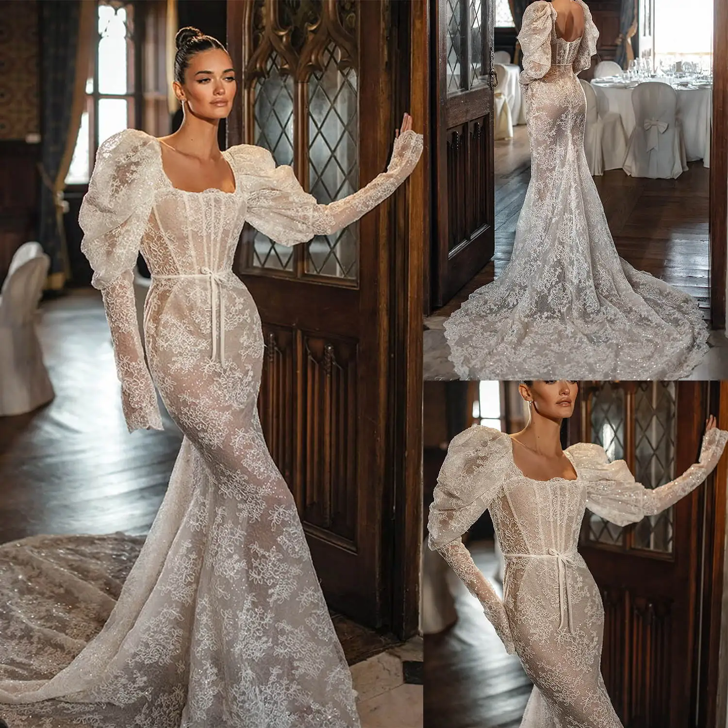 Sexy Mermaid Wedding Dress Sequin Appliques Square Neck Long Sleeve Bride Gowns Pleats Sweep Train Bridal Dresses Custom Made