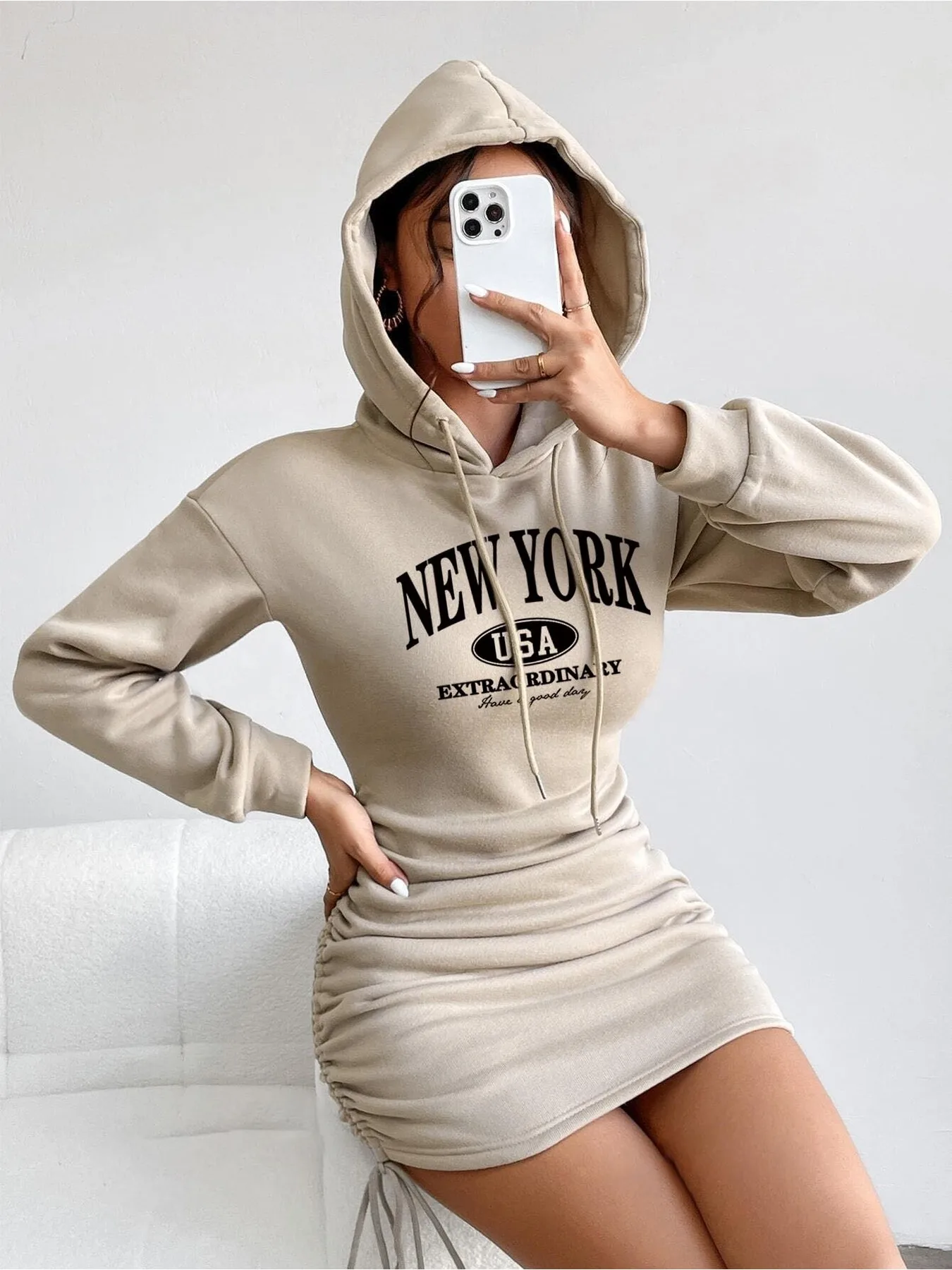 Women's Rest Elegant Hooded Strap Long Sleeve Letter Printed Solid Color Waist Skirt Strap Dress Mini Skirt Length - view 5