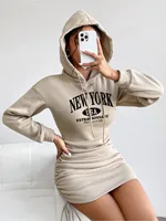 Robe élégante à capuche et bretelles pour femme, à manches longues, imprimé lettres, couleur unie, avec jupe à taille élastique, longueur mini-jupe 5