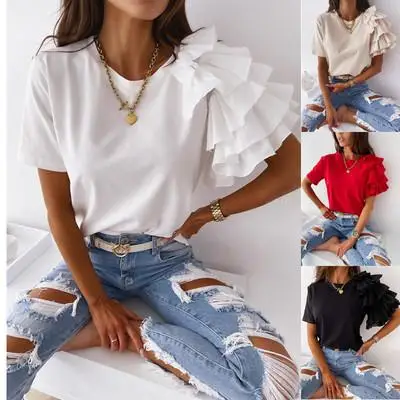 Summer Fashion Asymmetric Single Side Double Layer Ruffle Sleeveless T-Shirt Women's Simple Stylish Sleeveless Ruffle T-Shirt