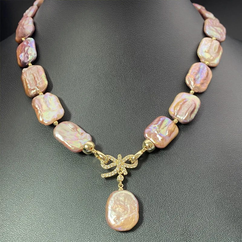 

Square Purple Baroque Pearl Necklace Clavicle Chain Double Live Buckle Niche Design Clavicle Chain ins Trendy New Year's