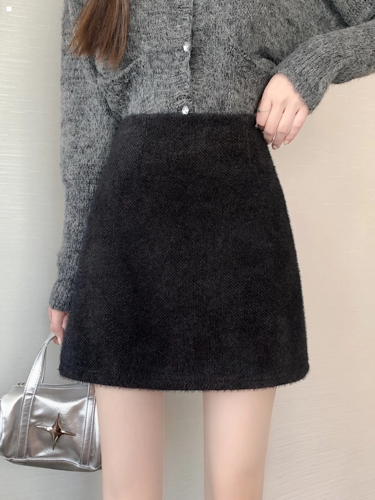 Winter Thickened Faux Mink A-Line Mini Skirt High Waist Slimming Women's Spring Autumn Short Skirts Korean Sle Commute