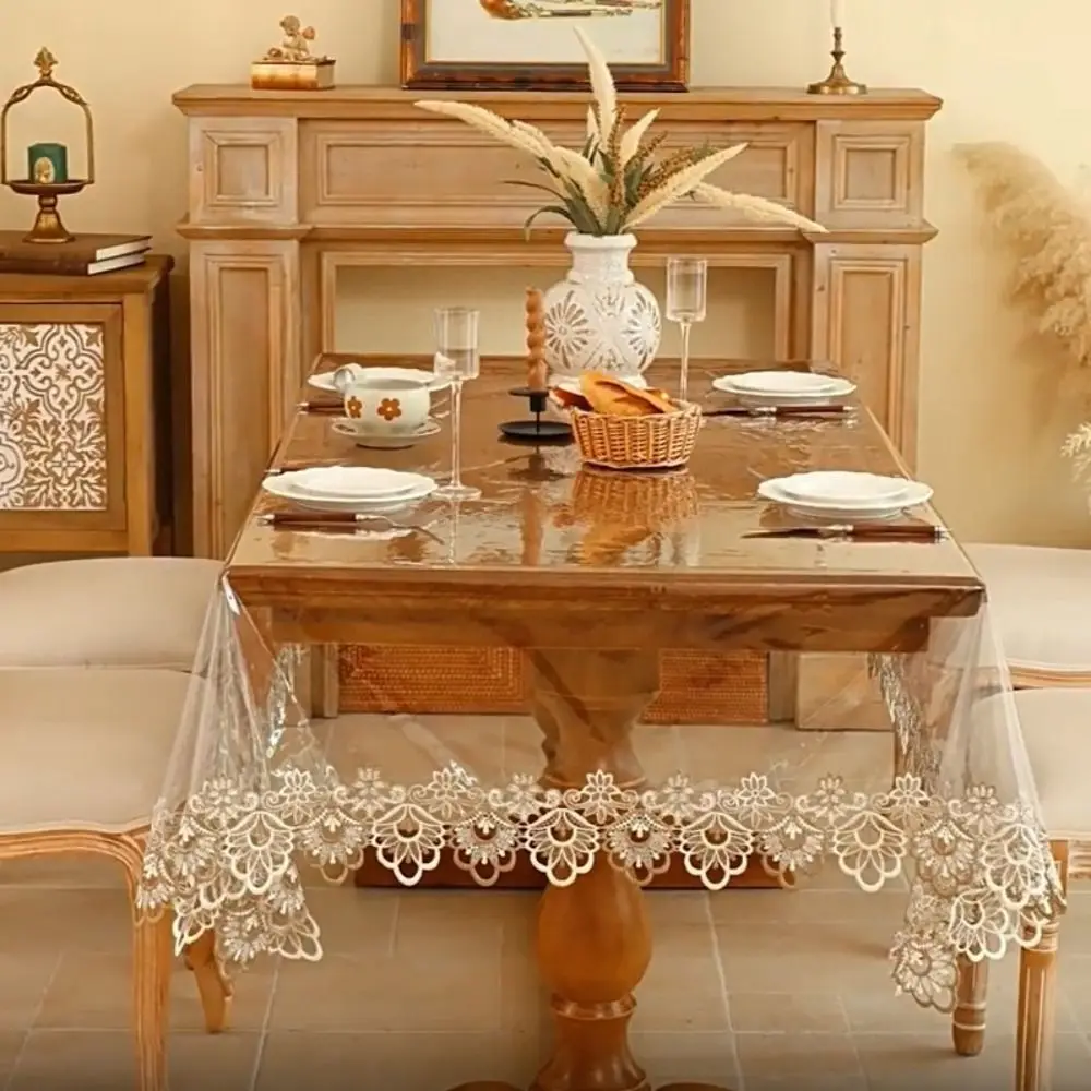 Waterproof PVC Tablecloth European Style Oil Proof Dining Table Cover Rectangular/Square Lace Embroidered Desk Mat Coffee Table
