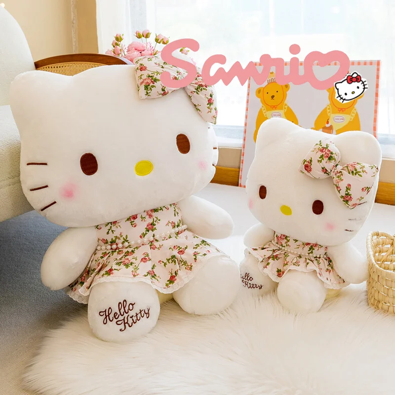 Sanrio Kawaii Floral Skirt Hello Kitty Plushie Toys Room Decoration Cartoon Stuffed Soft Pillow Ornaments Doll Kid Birthday Gift