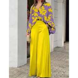 Spring Autumn New Women's Fashion Printed Single Breasted Shirt Solid Color Pants Casual Comfort Two Piece Set