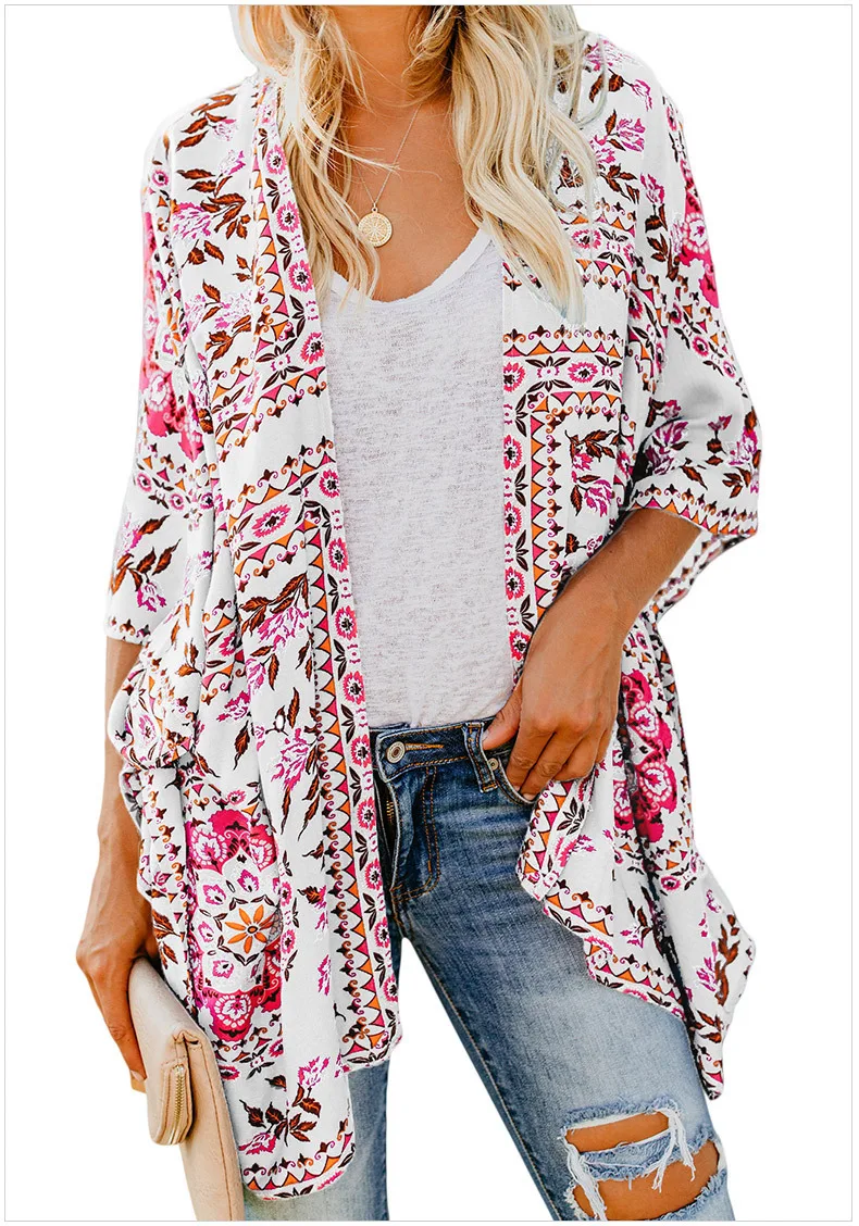 Europe and the United States take street photo cardigan printing summer irregular medium-and long-term sunscreen loose blouse