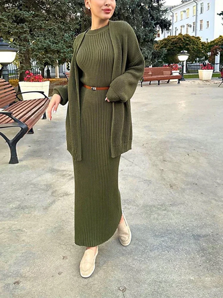 Casual Two-piece Set Women Knit Suit Solid Color Top and Tight High Waist O-Neck Long Dresses Autumn 2023