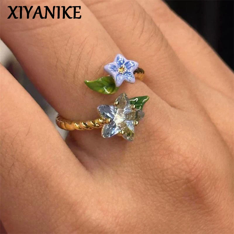 XIYANIKE Sweet Star Zircon Drip Glaze Flower Open Rings For Women Fashion New Jewelry Gift Party Birthday Wholesale anillos