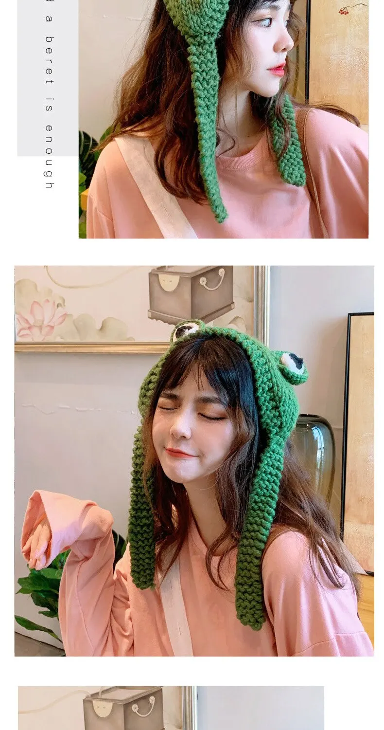 Frog Headband Handmade Wool Knitted Hat Winter Warm Sweet Cute Ear Hat For Women