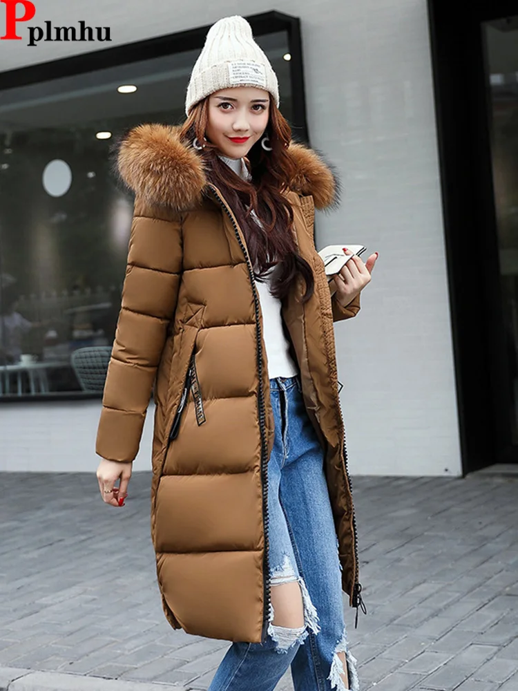 

Winter Oversized Faux Fur Collar Hooded Parkas Luxury Women Cotton Padded Casaco Warm Mid-length Jacket Korean Thicken Cold Coat