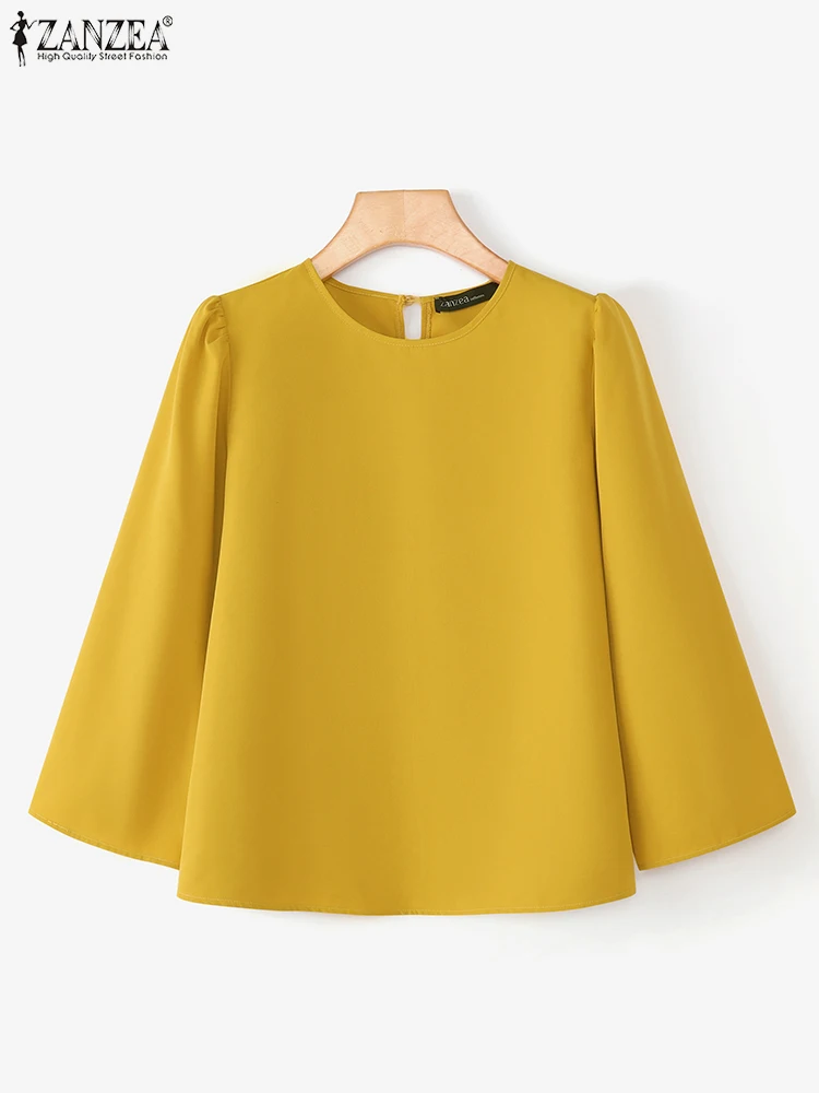 ZANZEA Long Sleeve Autumn Blouses Women Flare Sleeve Blusas Fashion Solid Color Tunic Casual Loose Tops OL Work Pullovers