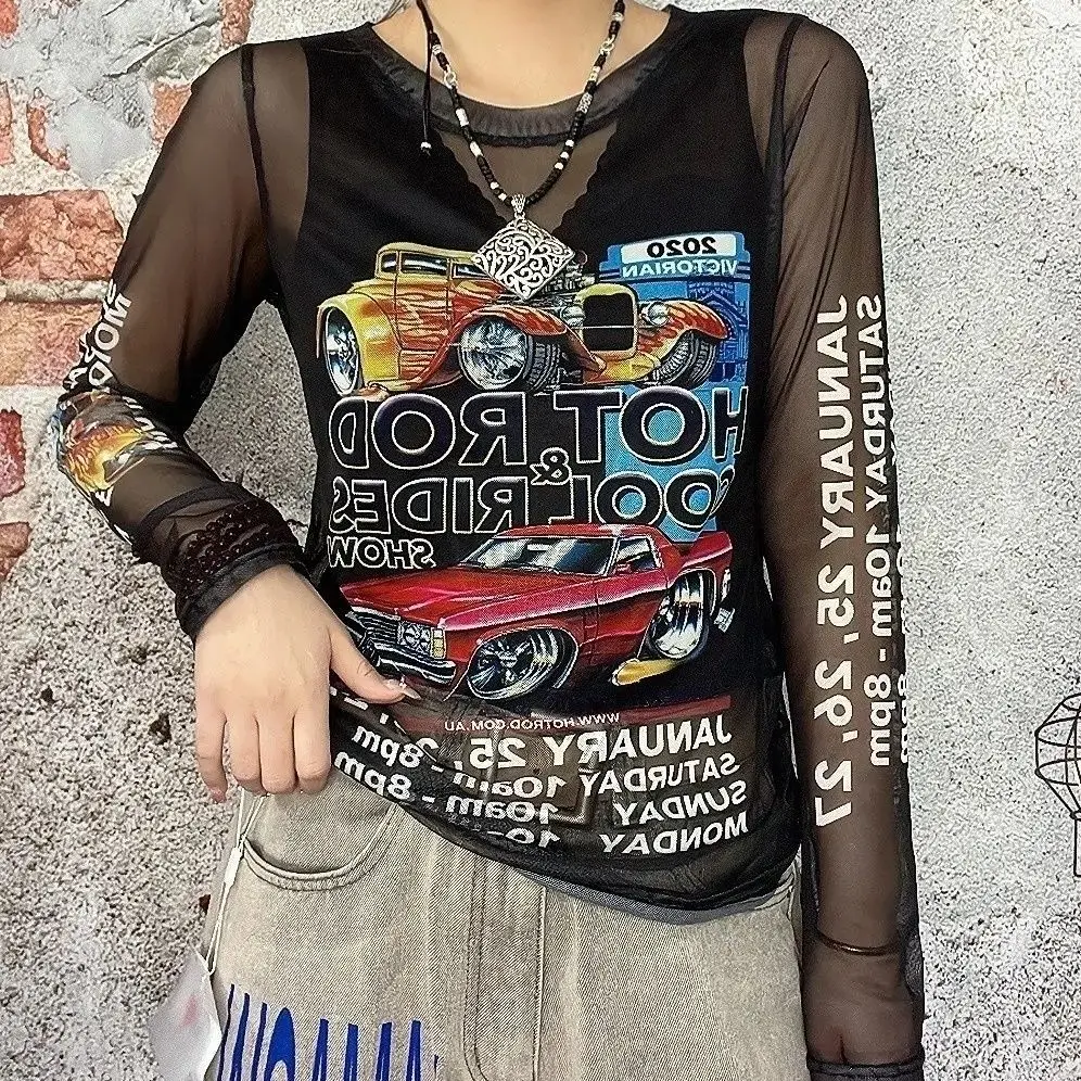 Unique Moto Pattern Woman T-shirt Long Sleeve Slim Crop Print Tops Fashion Pullovers Mesh Sheer Summer Streetwear T Shirts NS858